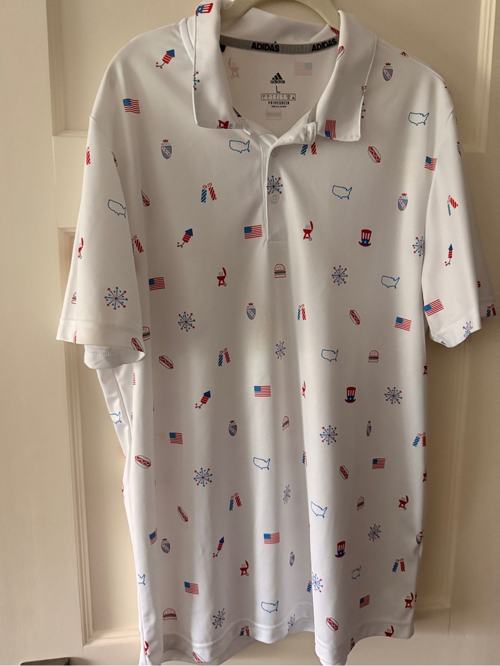 adidas White Short Sleeve Polo with Red & Blue Patriotic Print